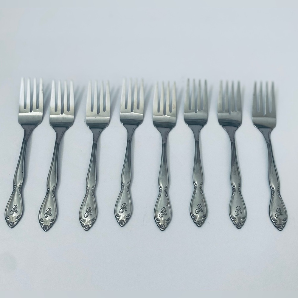 Custom Craft Monogram "R" Flatware Stainless Set Of 8 Salad Forks